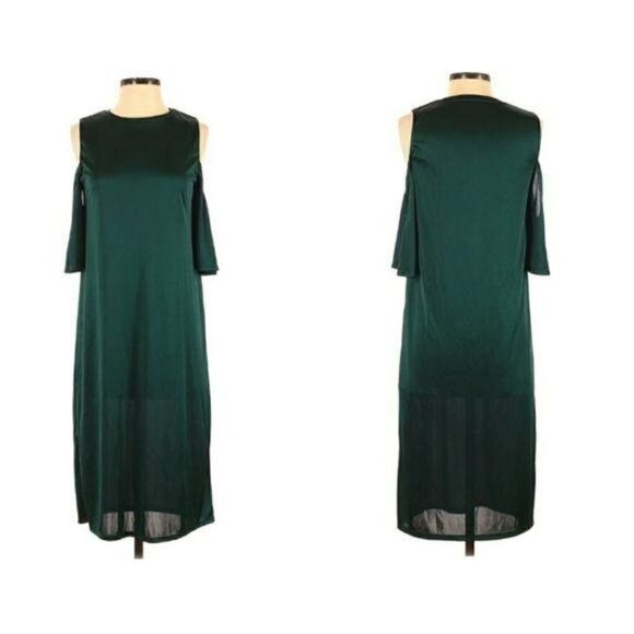 Zara Trafaluc Holiday Silky Cold Shoulder Midi Shift Dress Green Sz S - Picture 1 of 10